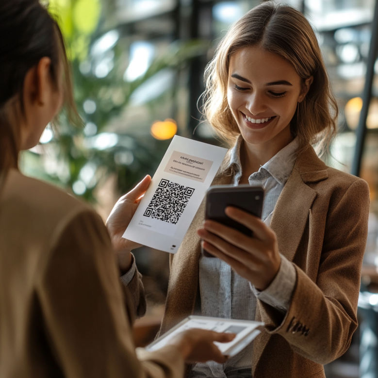 fm247_Businesswoman_handing_out_a_flyer_with_a_QR_code_linked_t_584ac91c-7d80-4276-9103-b6c67c0fb9f3